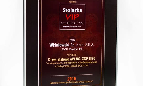 Wyróżnienie dla stalowych drzwi AW DS ZGP EI30 firmy WIŚNIOWSKI